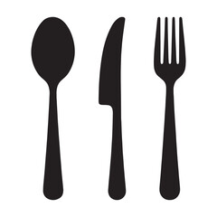 A simple, black silhouette of a spoon, knife, and fork, isolated on a white background, representing a basic cutlery set.