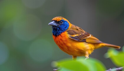 Fototapeta premium Vibrant Orange and Blue Bird Perched on Branch Exotic Avian Wildlife Photography
