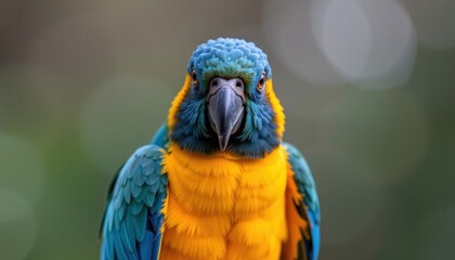 Fototapeta premium Vibrant Blue and Gold Macaw Parrot Close Up Portrait Exotic Bird Photography