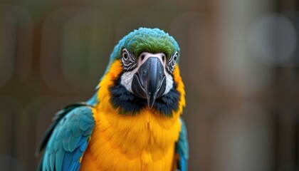 Fototapeta premium Vibrant Blue and Gold Macaw Parrot Close up Portrait Exotic Bird Wildlife Photography