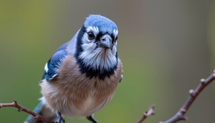 Obraz premium Close up Portrait of a Blue Jay Bird Perched on a Branch in Nature