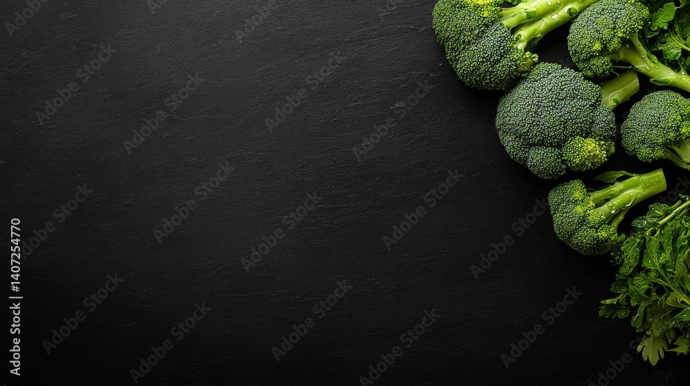 Poster close-up view showcases a fresh head of broccoli adorned with dew droplets, resting on a dark slate 