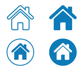 A set of four home icons in blue and white, featuring outline and solid styles, with some enclosed in circles, suitable for web design, app icons, and navigation.