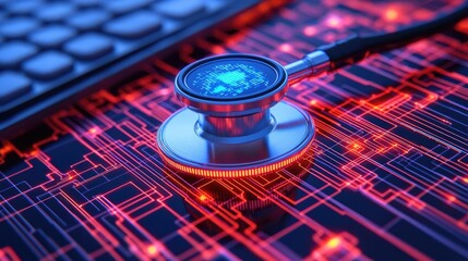 Stethoscope on digital circuit board medical future network concept. Innovative stethoscope on circuit board background symbolizes healthcare.