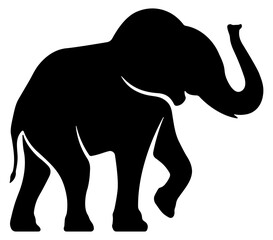 Black silhouette of an elephant with trunk raised, minimal decorative wild animal illustration on white background