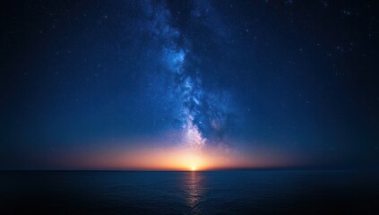 Night sky with milky way galaxy over water horizon with light reflection.