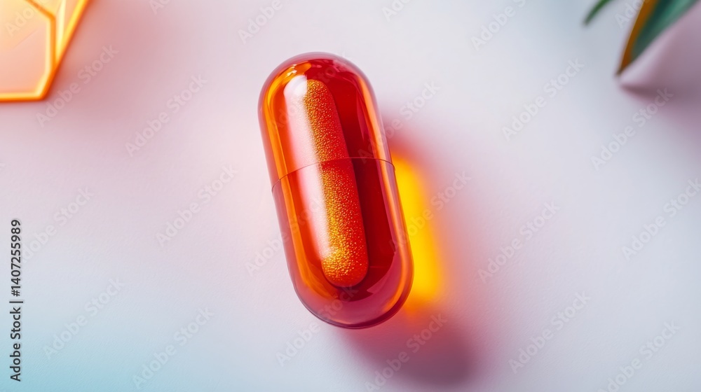 Poster a sleek supplement capsule with metallic textures rests against a clean white backdrop. geometric te