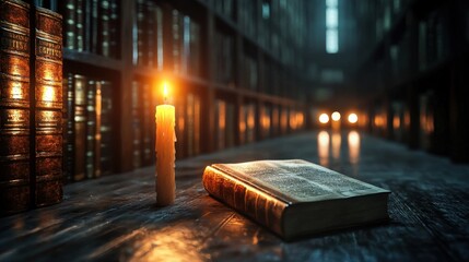 Dark academia library, vintage books and candlelight, warm tones, seamless