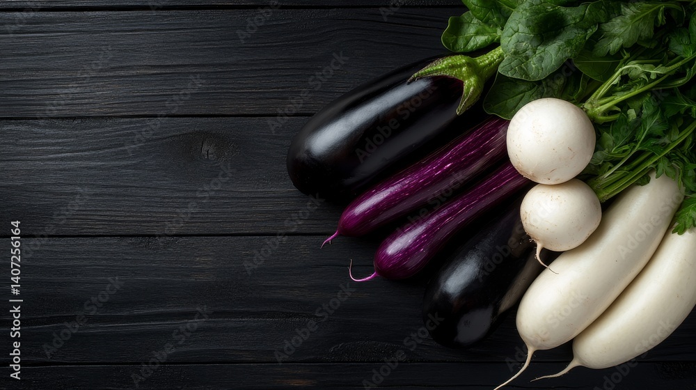 Poster sliced eggplant and white radish are artistically arranged among black and white vegetables on a dar