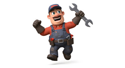 Joyful Cartoon Mechanic Jumping Holding Wrench Tools