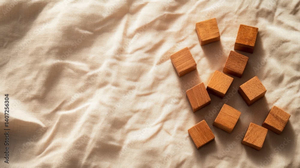 Poster Wooden block letters form a creative word on a textured beige surface, with shadows enhancing the three-dimensional effect and providing copy space for design use