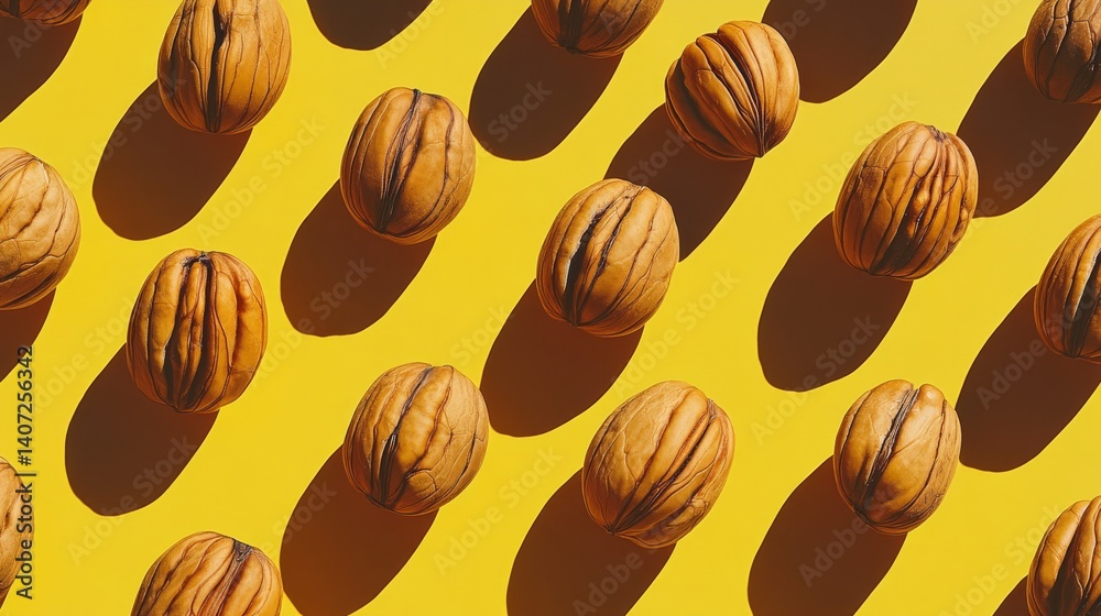Poster Shelled walnuts are artistically arranged in a repeating pattern on a bright yellow background, highlighting bold contrasts and playful symmetry with open space