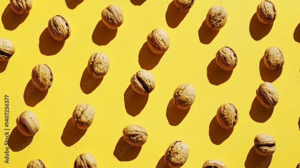 Poster Shelled walnuts are arranged in a pattern on a bright yellow background, highlighting their textures and shapes with space for more elements