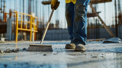 Laborer cleaning construction site with broom. Featuring cleanliness and site maintenance