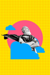 Poster image vertical photo collage of serious aged man wear ancient senator rome leader costume clouds icon prehistoric era