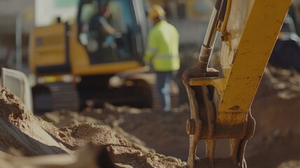 Fototapeta premium Construction worker laying pipes for underground utilities. Featuring plumbing installation and site development