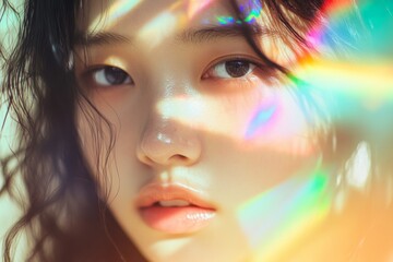 Portrait of an asian woman with rainbow light on her face. Glowing skin. Colorful art beauty.