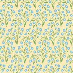Fototapeta premium Blooming Forget-Me-Nots Seamless Pattern with Flower Branches on Light Yellow Background. Cute Spring Floral Design for Fabric, Wrapping Paper, Textile or Packaging