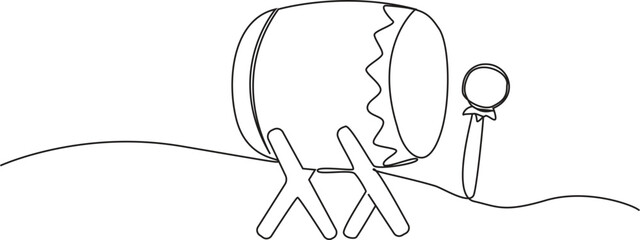Continuous one line traditional drum and stick cultural Music Instrument. Vector Illustration.