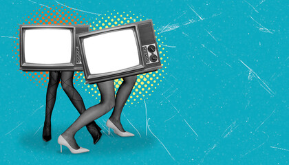 Creative representation of retro television heads with elegant legs in fashion pose on bright background