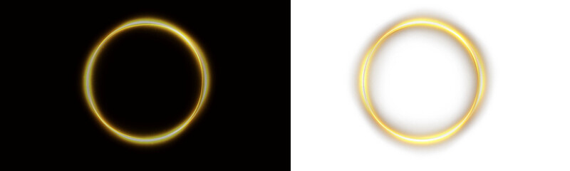 Flash of light and neon glow in transparent PNG sphere with brilliant circle and golden shine, vector background with electric spark and futuristic, PNG frame design in modern magical composition.