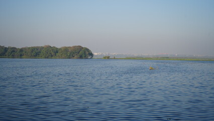 Lake and blue sunny sky. Bird standing on river or lake.