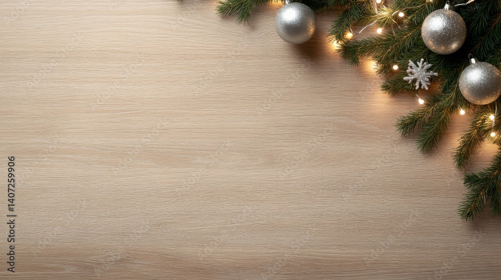 Poster a single pine branch is adorned with shimmering silver baubles and soft fairy lights, creating a fes