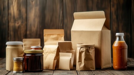 Various kraft paper food packaging on wooden background.