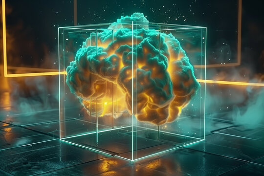 Futuristic glowing brain inside transparent cube with neon lights and digital mist in sci-fi virtual environment - Powered by Adobe