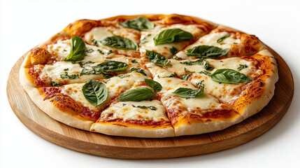 Freshly baked pizza topped with melted cheese and fresh basil leaves, served on wooden board, inviting and delicious