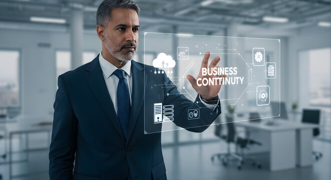 Businessman interacting with business continuity interface in a modern office environment setting . linear icon collection. editable stroke icons. vector illustration 
