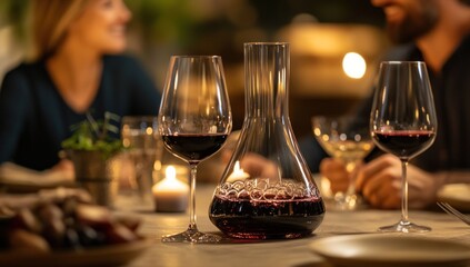 Fototapeta premium Romantic Dinner with Red Wine Decanter and Glasses