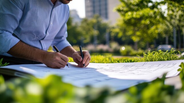 Landscape architect reviewing irrigation plans at an urban park. Featuring expertise and environmental planning