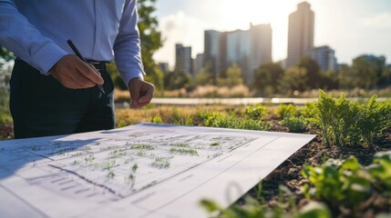 Landscape architect reviewing irrigation plans at an urban park. Featuring expertise and environmental planning