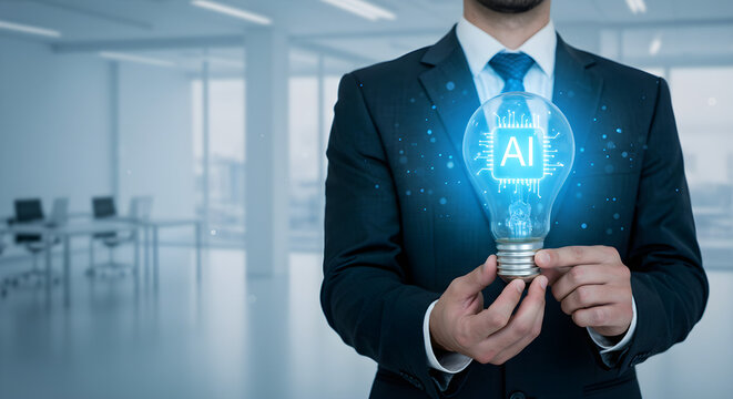 A man in a suit holding a glowing lightbulb with the letters ai on it in a modern office setting . linear icon collection. editable stroke icons. vector illustration 