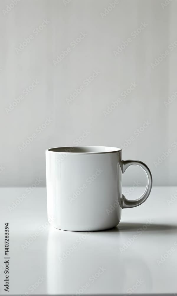 Poster White mug standing on a white glossy table rotates slightly, creating a sequence of frames ideal for mockup, showcasing its blank surface for design and customization
