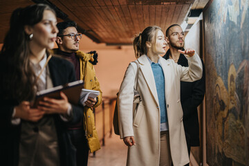 A team of young professionals observing artwork at an exhibit, fostering collaboration.