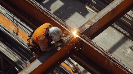 A construction worker welding steel beams together on a building site. Featuring welding and steelwork