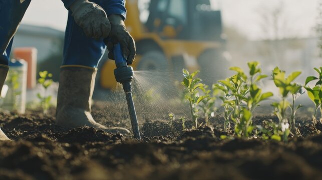 Landscaper installing irrigation system in a new development. Featuring precision and environmental care
