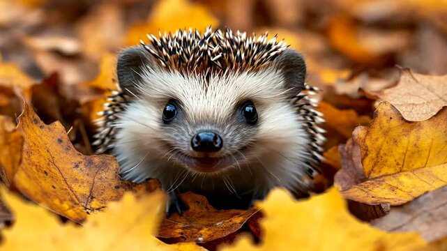 Smiling hedgehog autumn leaves forest wildlife nature