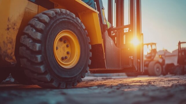 Construction worker operating a forklift to move heavy materials. Featuring strength and efficiency