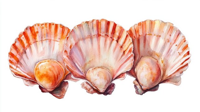 National Coquilles Saint Jacques Day. Vibrant watercolor seashells trio on white background