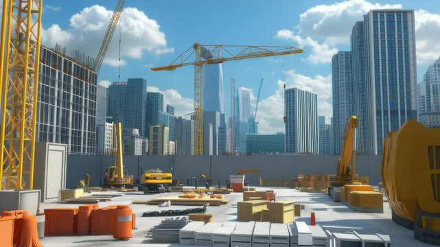Construction site in a bustling city showcasing cranes and machinery against a bright blue sky