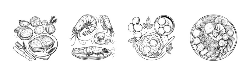  hand-drawn illustrations of various foods: meat cuts, shrimp, eggs, and a noodle dish, showcasing a variety of culinary delights
