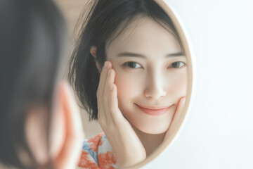 鏡に映る浴衣姿の女性、夏のナチュラルメイク