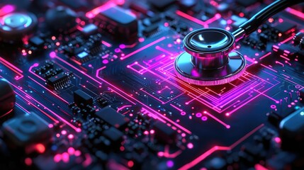 Fototapeta premium Stethoscope on digital circuit board cyber medical technology concept. Close-up of a circuit board with a stethoscope for diagnostics.