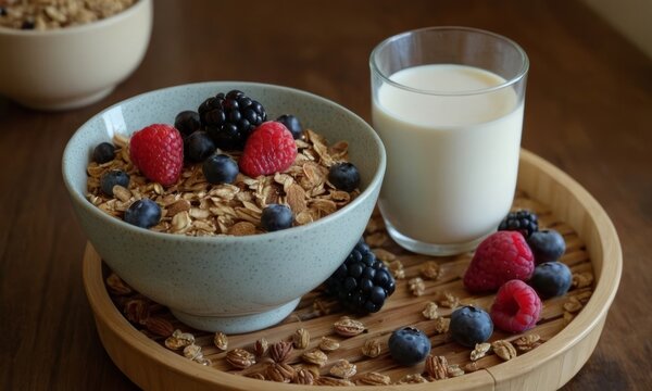 Healthy breakfast: Bowl of granola with berries and glass of milk