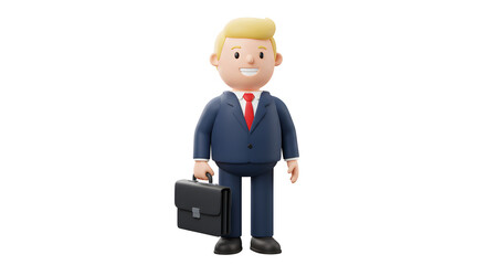 Happy Cartoon Businessman 3D Render Suit Briefcase Success