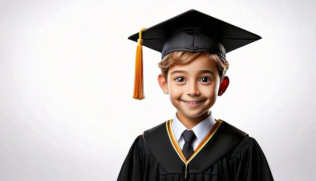 boy wearing a toga in graduation attire on a white background. education concept