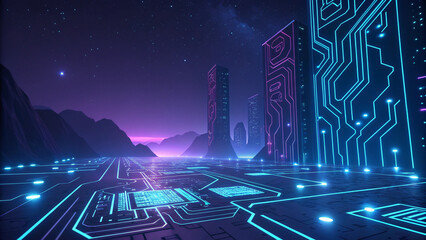 Futuristic digital landscape with glowing neon circuits, dark background, AI